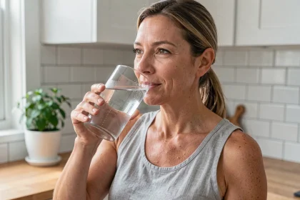 Femme buvant un verre d'eau dans une cuisine moderne, illustrant l'importance de l'hydratation quotidienne pour la vitalité