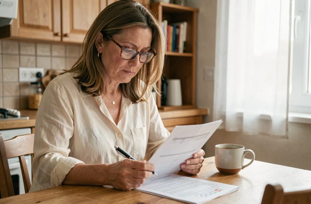 Une femme lisant attentivement son contrat d'assurance-vie à la maison dans un cadre chaleureux