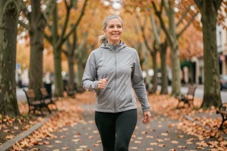Femme de 52 ans marchant d'un pas vif dans un parc urbain en automne pour prendre soin de sa santé cardiaque
