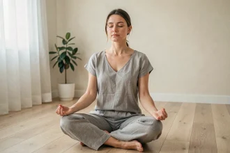 Femme pratiquant la méditation assise sur le sol en bois pour réduire le stress au quotidien