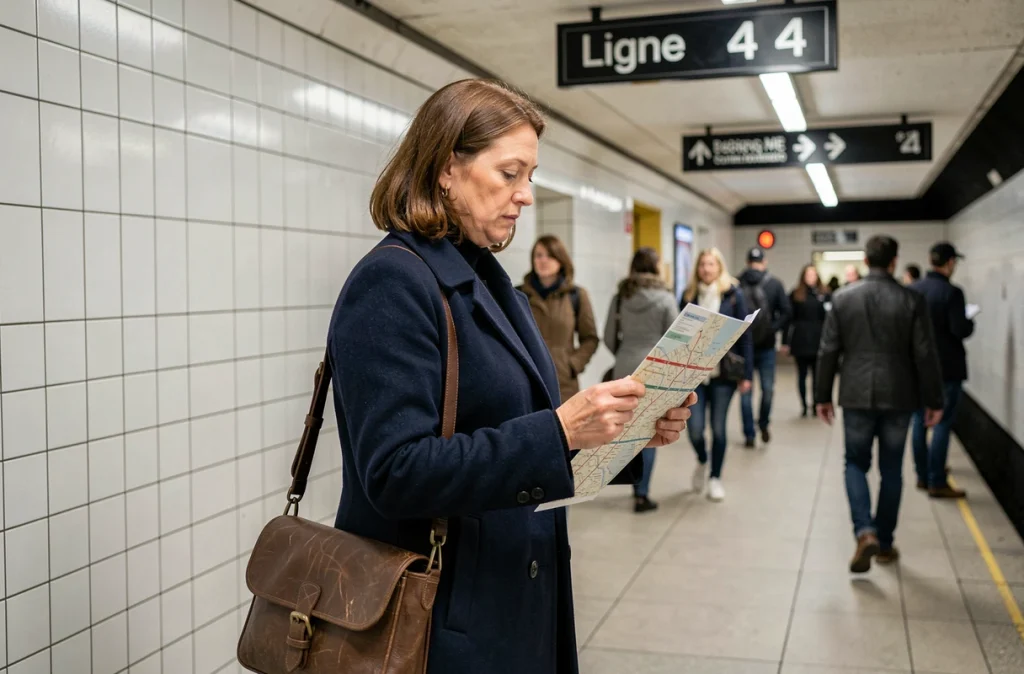 Femme consultant un plan du métro parisien ligne 4 dans un couloir de station en heure de pointe