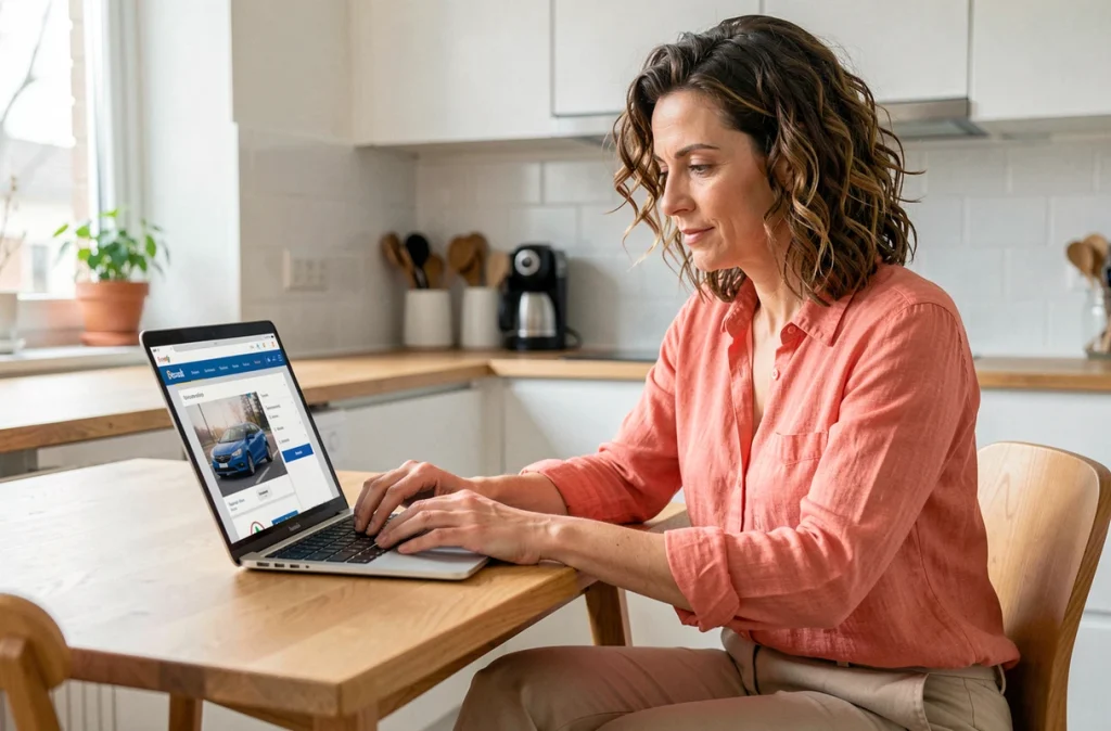 Femme consultant une plateforme de location de voiture entre particuliers sur ordinateur et téléphone dans sa cuisine