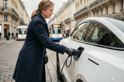 Une femme branche son véhicule électrique blanc à une borne de recharge dans une rue pavée de la ville