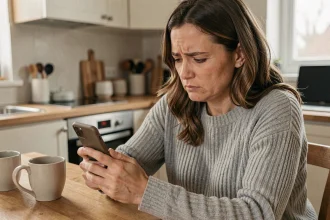 Femme tenant un smartphone affichant un numéro inconnu, cherchant à identifier un appel entrant depuis sa cuisine