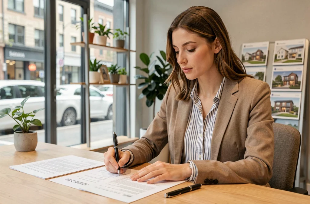 Jeune femme signant un contrat immobilier dans une agence moderne, représentant l'achat dans le neuf par de jeunes acquéreurs