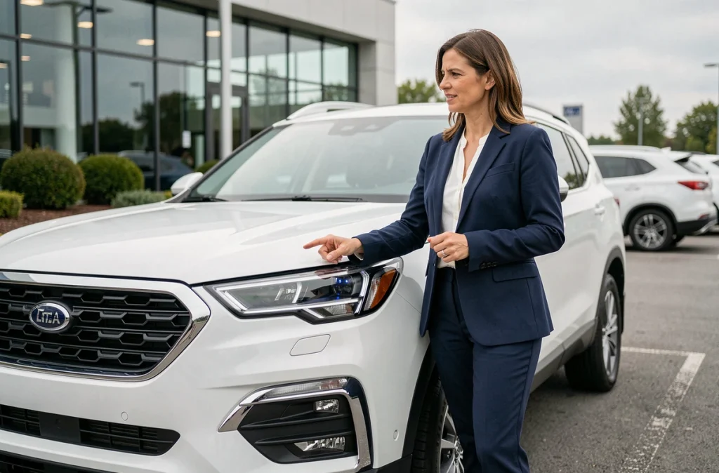 Femme devant un SUV moderne montrant les capteurs et caméras des systèmes d'aide à la conduite