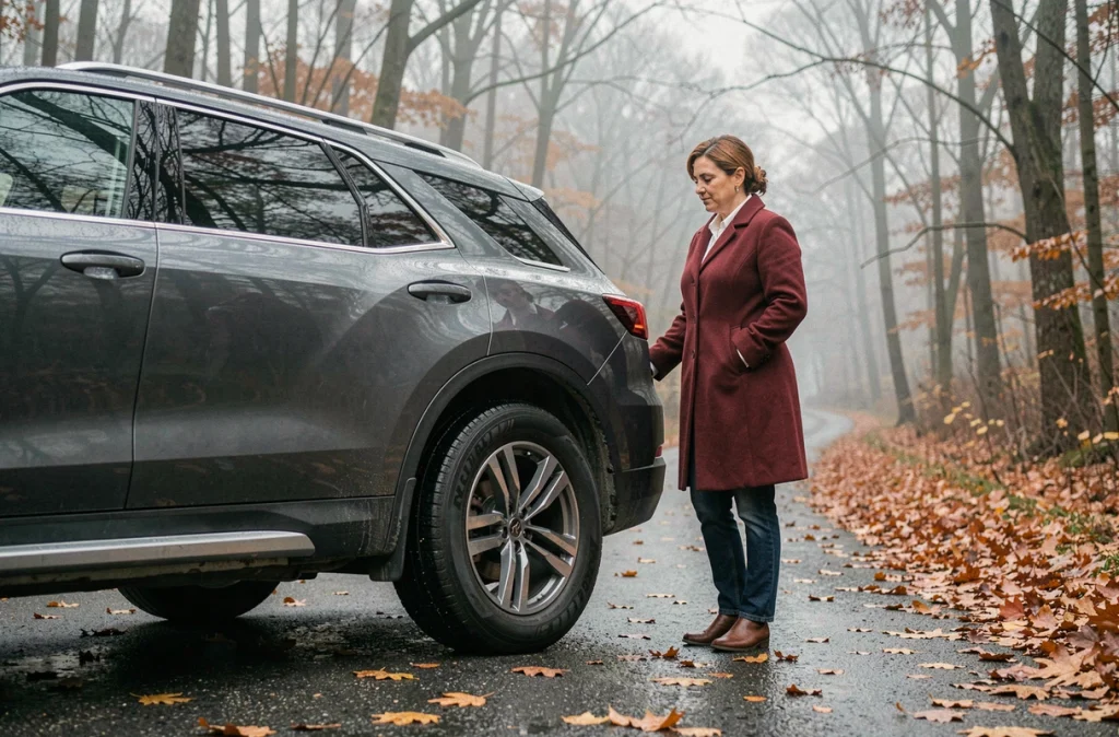 Femme inspectant le pneu quatre saisons de son SUV sur une route mouillée en automne
