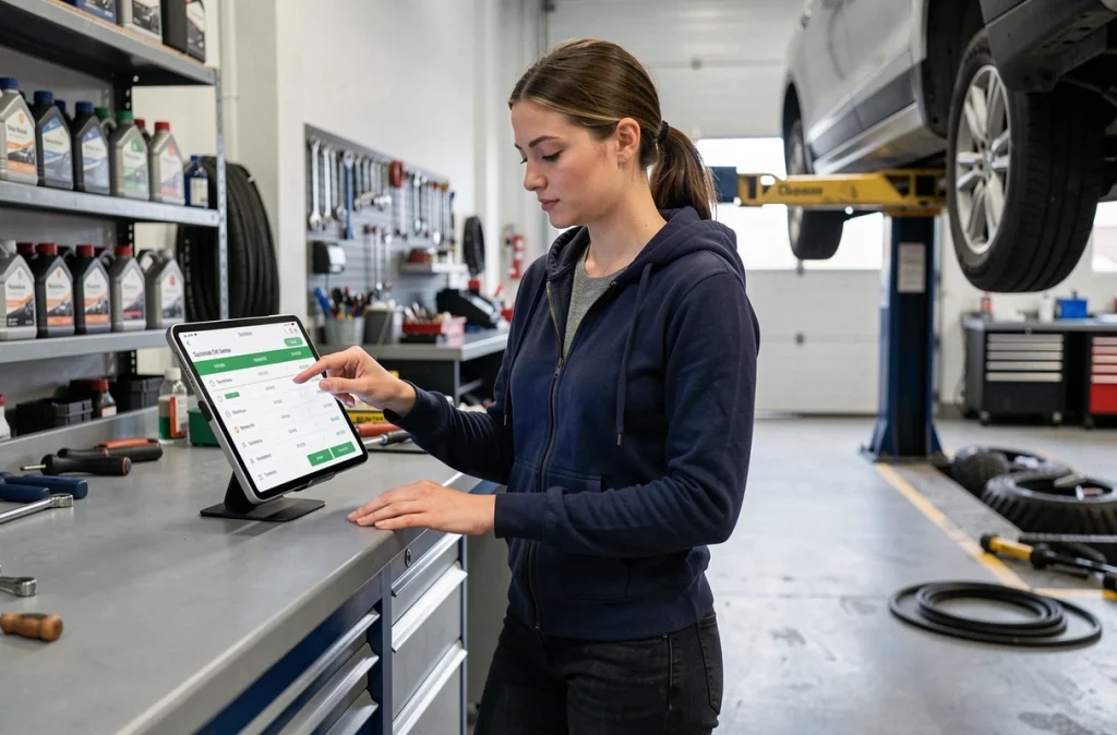 Femme utilisant une tablette avec une application connectée dans un atelier de réparation automobile moderne