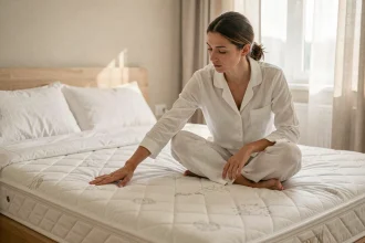 Femme testant la fermeté d'un matelas en mousse mémoire dans une chambre lumineuse et minimaliste