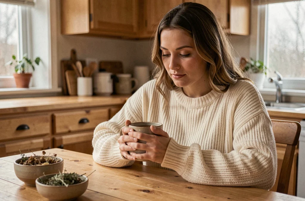 Jeune femme tenant une tasse de tisane dans une cuisine pour apaiser le stress et favoriser la détente