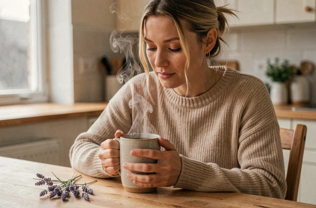 Jeune femme buvant une tisane aux plantes comme méthode douce pour soulager les maux de tête à la maison
