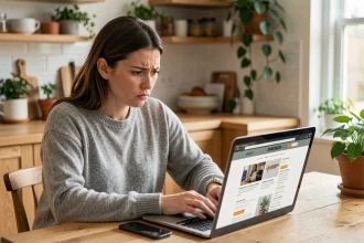 Femme vérifiant la fiabilité d'un site e-commerce suspect sur son ordinateur portable dans sa cuisine