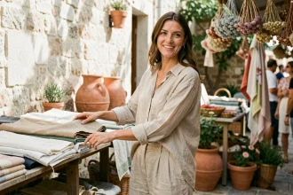 Femme en tenue de lin beige au marché méditerranéen en été, illustrant la tendance du lin comme vêtement phare de la saison