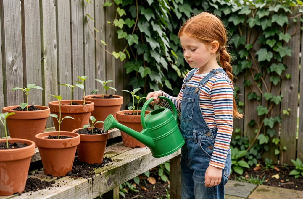 Fillette de 6 ans arrosant des plantes en pot dans un jardin familial, illustrant l'autonomie et la responsabilisation des jeunes enfants
