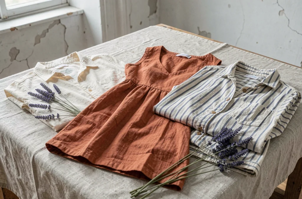 Flat-lay de vêtements en lin froissés aux tons naturels disposés sur une table en bois rustique avec de la lavande séchée