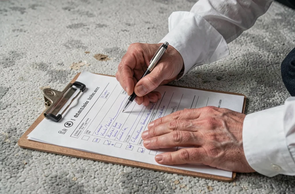 Gros plan sur les mains d'un gestionnaire complétant un formulaire d'état des lieux papier sur un presse-papiers