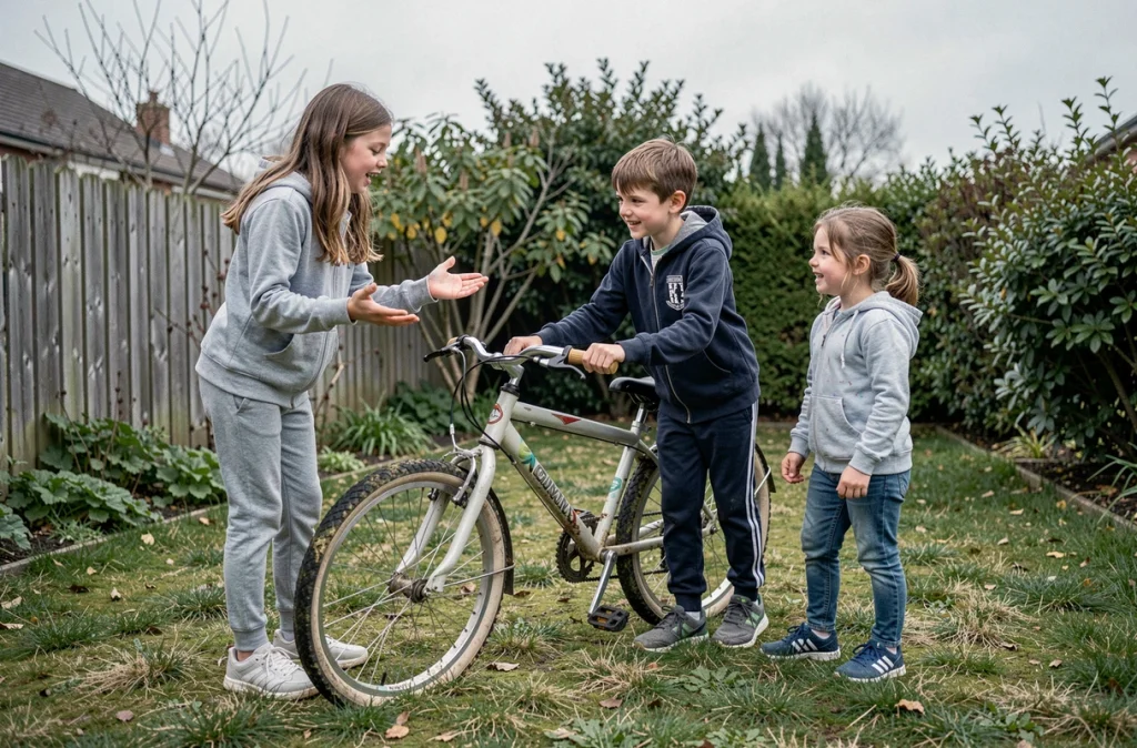 Trois frères et sœurs dans un jardin en train de négocier le tour de vélo, représentant la gestion équitable du temps en fratrie