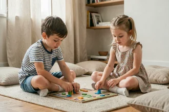 Deux enfants frère et sœur assis par terre en train de partager un jeu de société dans un salon chaleureux