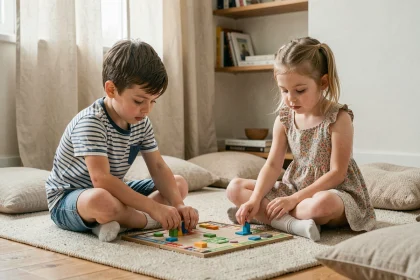 Deux enfants frère et sœur assis par terre en train de partager un jeu de société dans un salon chaleureux