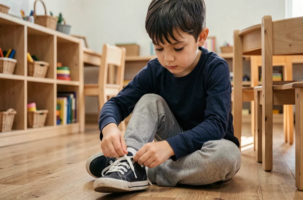 Garçon de 5 ans apprenant à lacer ses chaussures seul dans une classe Montessori, symbole de l'autonomie de l'enfant