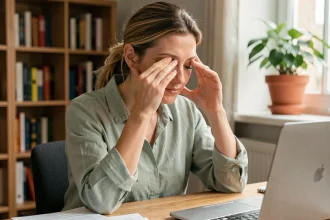 Femme pratiquant un geste de détente oculaire en pressant doucement ses paupières fermées dans un bureau à domicile