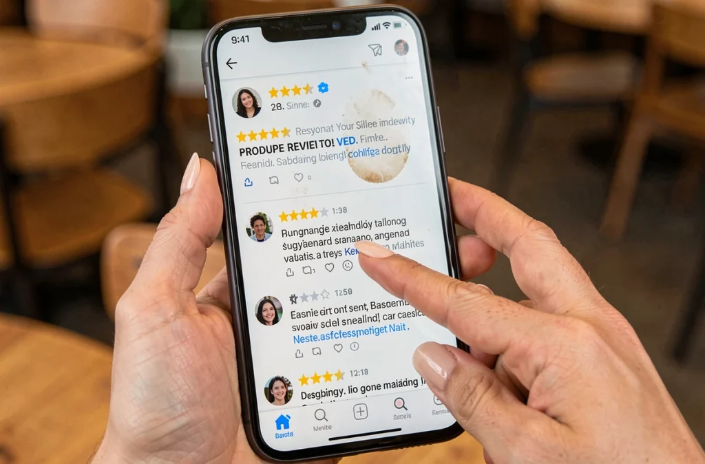Gros plan sur un smartphone affichant des avis clients négatifs sur un site de vente en ligne