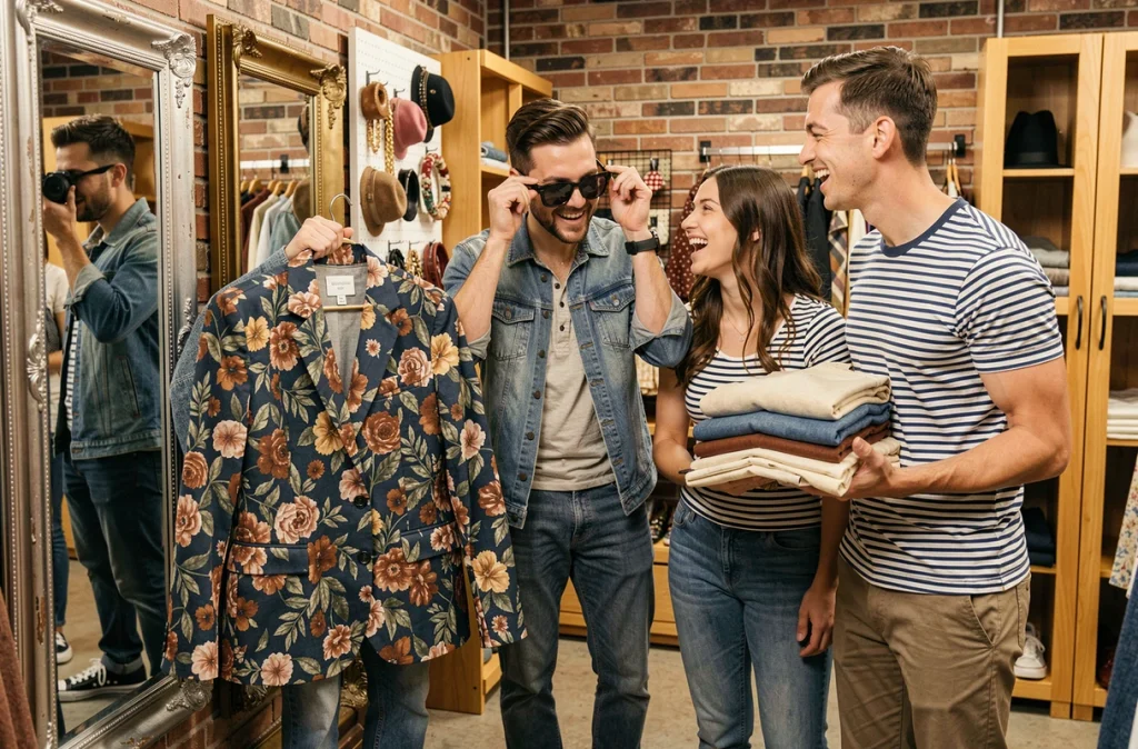 Groupe d'amis s'amusant à essayer des vêtements dans une friperie tendance