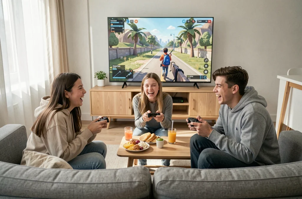 Groupe d'adolescents jouant ensemble à un jeu de battle royale coloré sur console dans un salon moderne