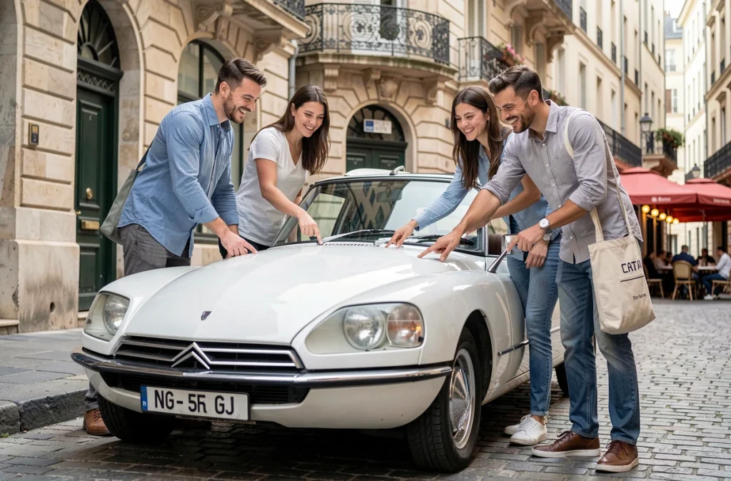 Groupe de jeunes passionnés admirant une Citroën DS vintage sur les pavés d'une rue européenne