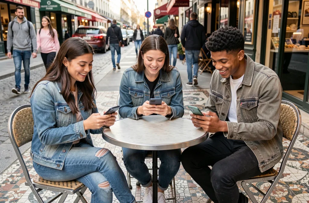 Groupe de jeunes adultes comparant leurs applications de néobanque en terrasse de café à Paris
