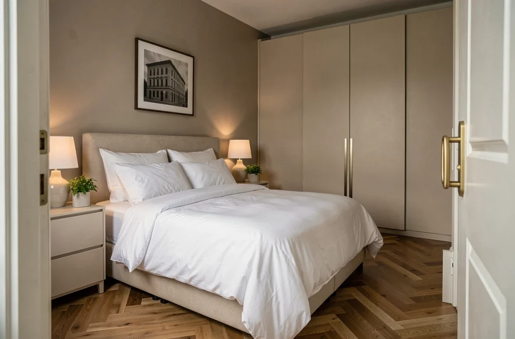 Chambre d'appartement transformée par le home staging avec literie blanche immaculée, parquet en chevrons et décoration soignée pour la vente immobilière