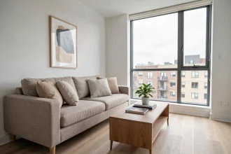 Salon d'appartement mis en valeur par le home staging avec canapé neutre, table basse minimaliste et décoration épurée