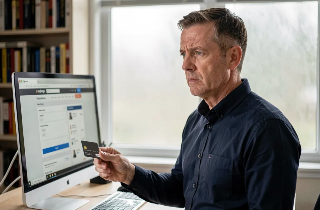 Homme hésitant avant un achat en ligne avec carte bancaire face à un site douteux