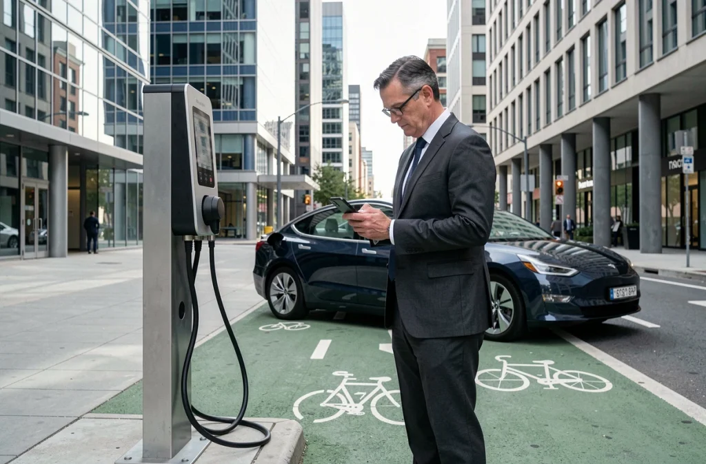 Un homme d'affaires consulte son téléphone pendant la recharge de sa berline électrique dans un quartier d'affaires urbain