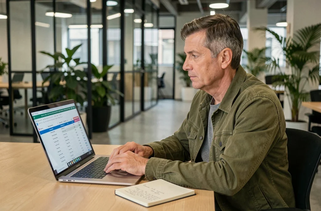 Homme dans la cinquantaine analysant des données de rendement locatif sur un ordinateur portable dans un espace de coworking moderne