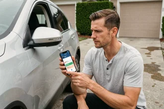 Homme consultant une application de gestion d'entretien auto sur smartphone près de son SUV dans une allée résidentielle