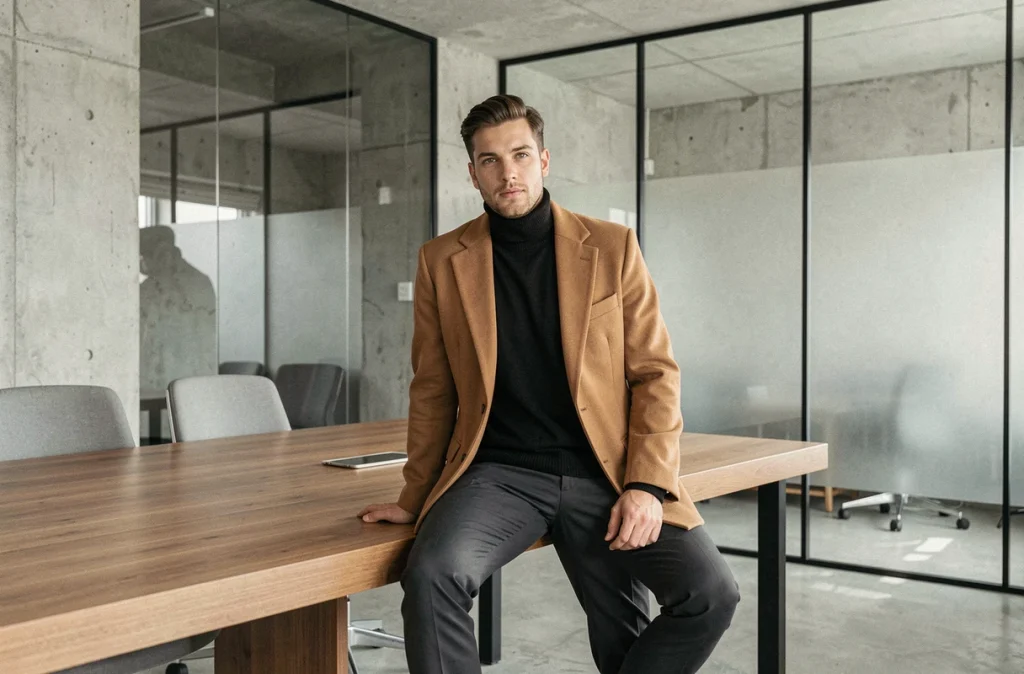 Homme assis en blazer oversize camel sur une table de réunion dans un bureau moderne au style minimaliste