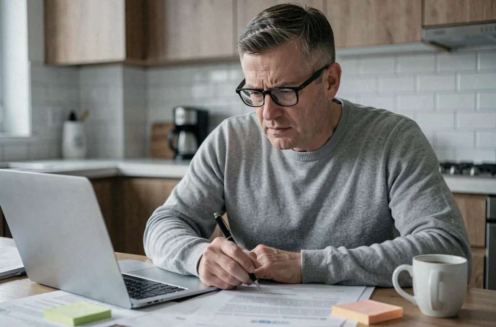 Homme analysant un contrat de copropriété sur ordinateur avant l'acquisition d'un appartement