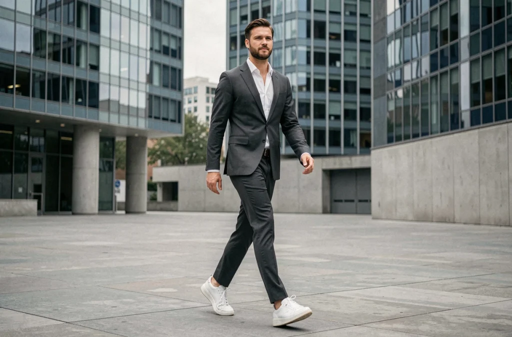 Homme en costume gris et baskets blanches marchant dans un quartier d'affaires moderne