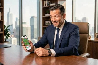 Homme en costume marine regardant son smartphone avec une expression de satisfaction lors de l'attente d'accès à Monopoly GO