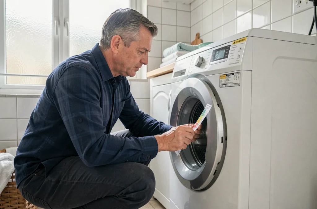 Homme inspectant l'étiquette énergétique d'un lave-linge dans une buanderie pour optimiser la consommation électrique