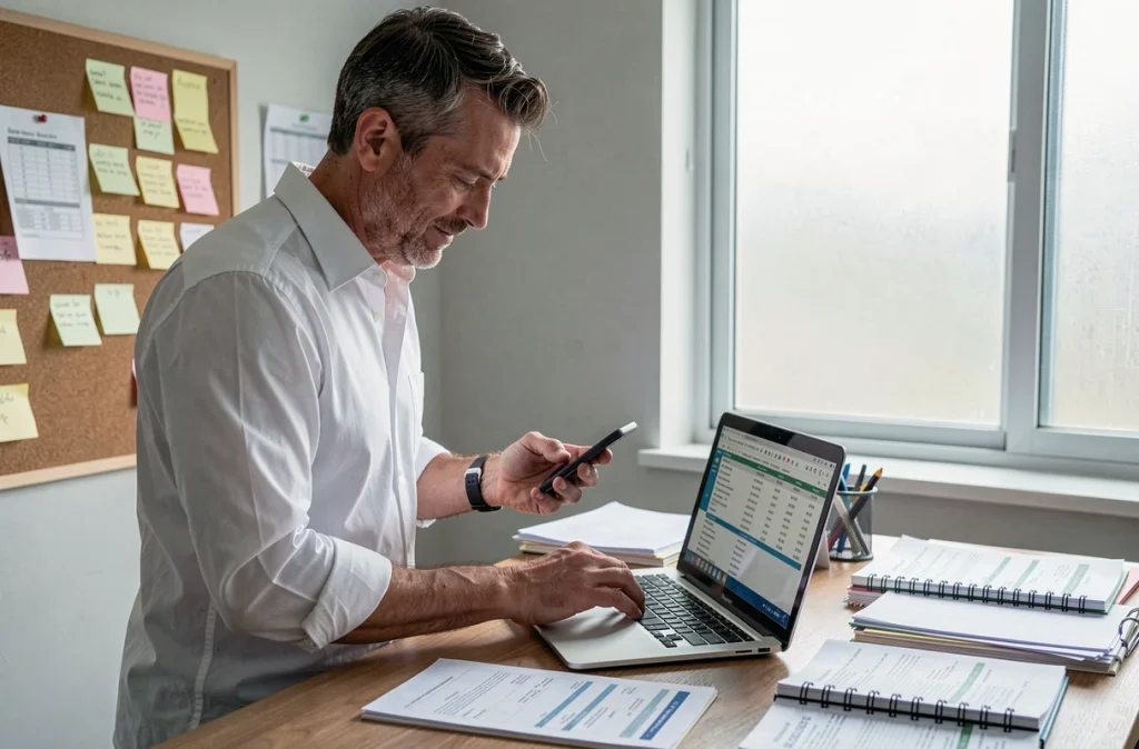 Un homme gérant les finances familiales sur smartphone et ordinateur portable dans un bureau à domicile