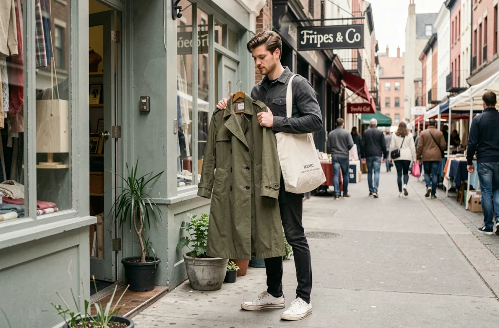 Jeune homme essayant un manteau vintage devant une friperie de quartier en ville