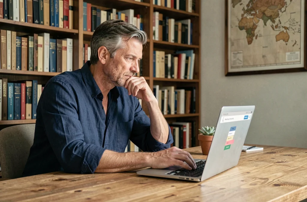 Homme concentré sur un jeu de mots en ligne au bureau à domicile entouré de livres