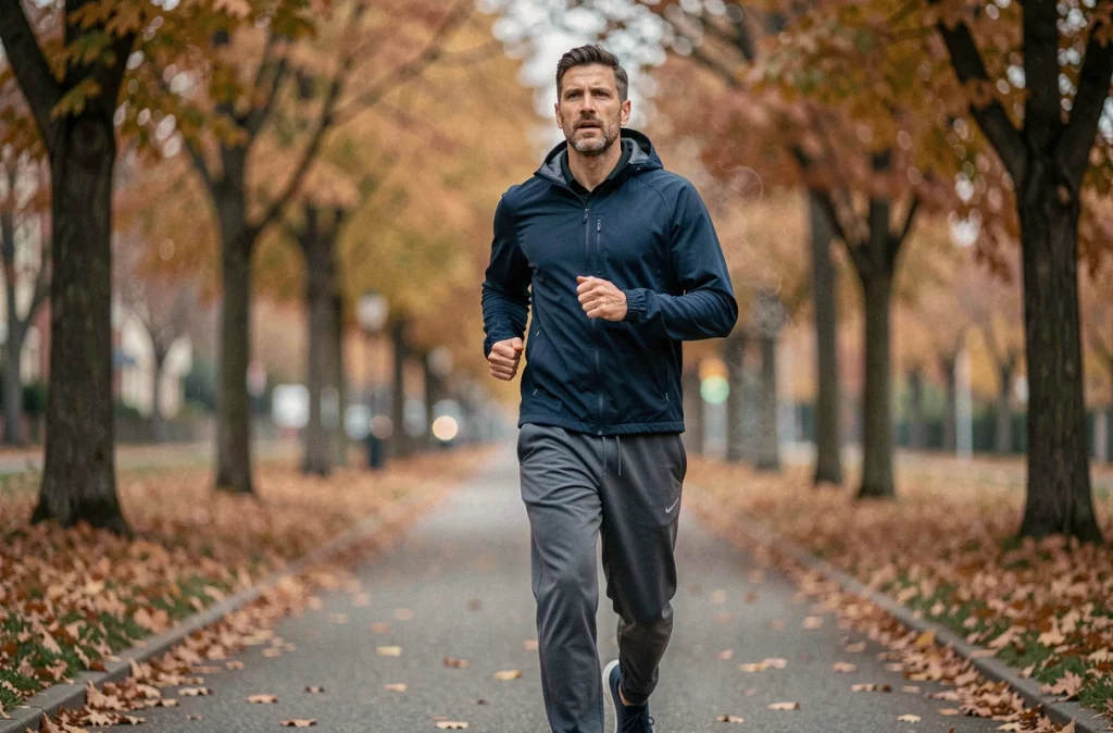 Homme faisant du jogging en plein air dans un parc en automne pour lutter contre les effets du stress