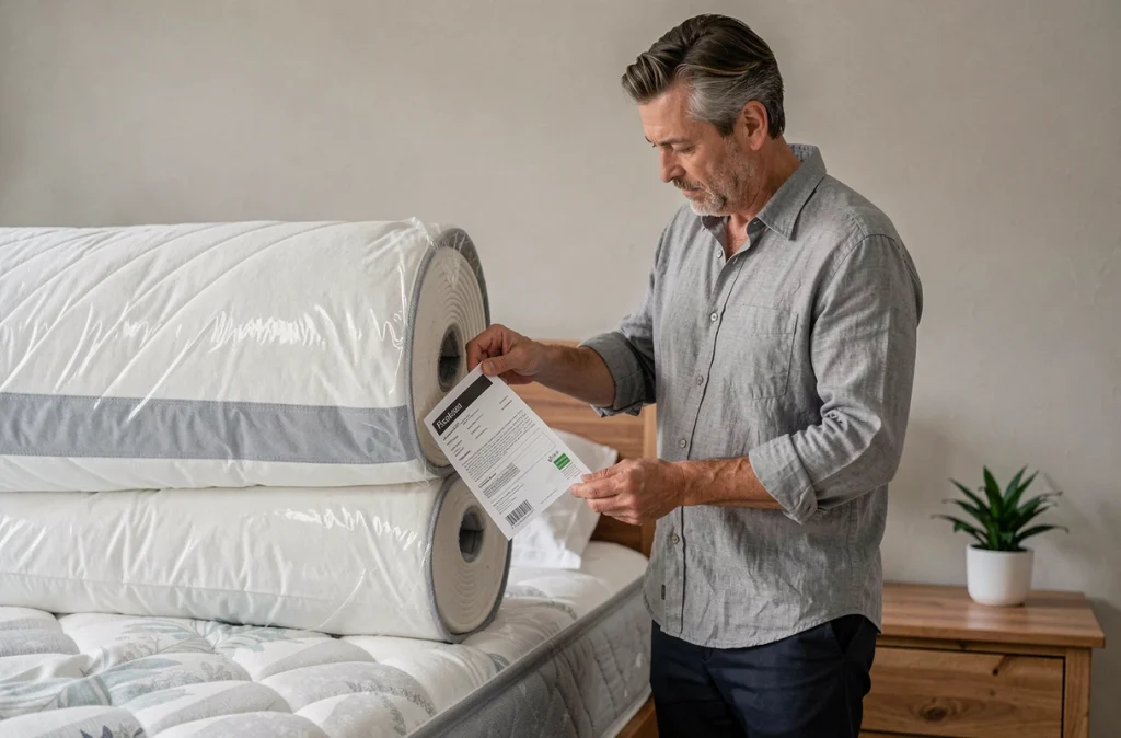 Homme lisant l'étiquette d'un matelas hybride ressorts et mousse pour comparer les caractéristiques