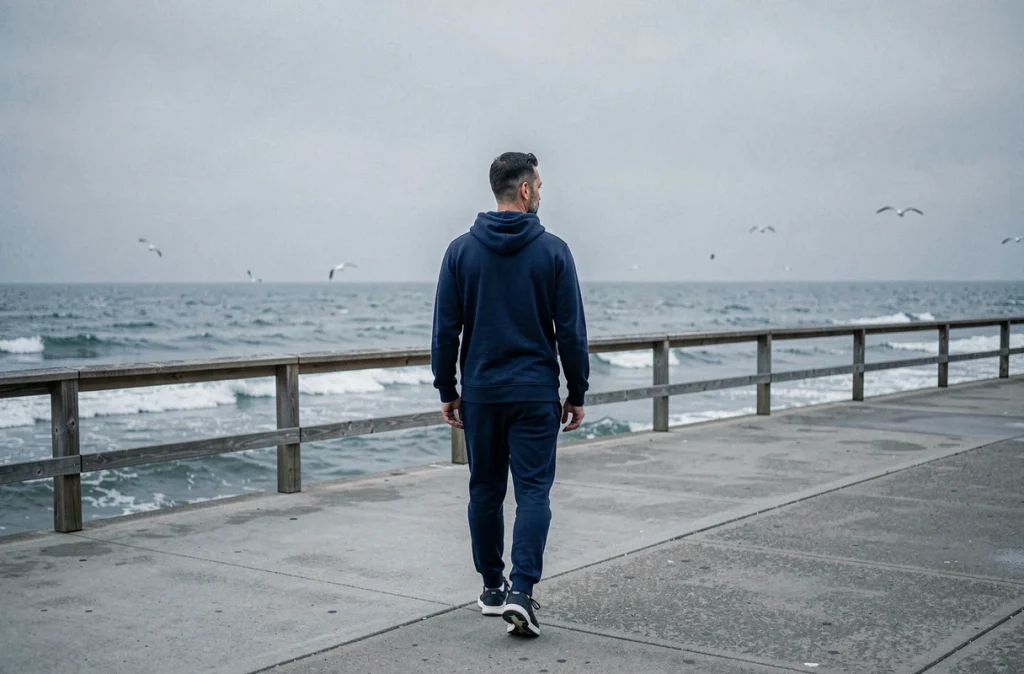 Homme marchant seul sur un bord de mer lors d'une promenade matinale bénéfique pour le cœur