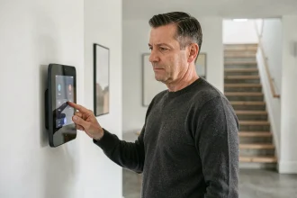 Homme utilisant un panneau de contrôle domotique mural pour gérer la sécurité de sa maison connectée
