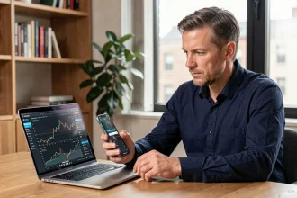 Homme consultant une application de portefeuille de cryptomonnaies sur smartphone et ordinateur portable dans un bureau à domicile