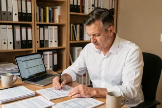 Un homme d'âge mûr examine des documents financiers à son bureau pour un rachat de crédit face à la hausse des taux